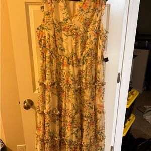 Eloquii Floral Ruffle Maxi Dress - Cream and Orange